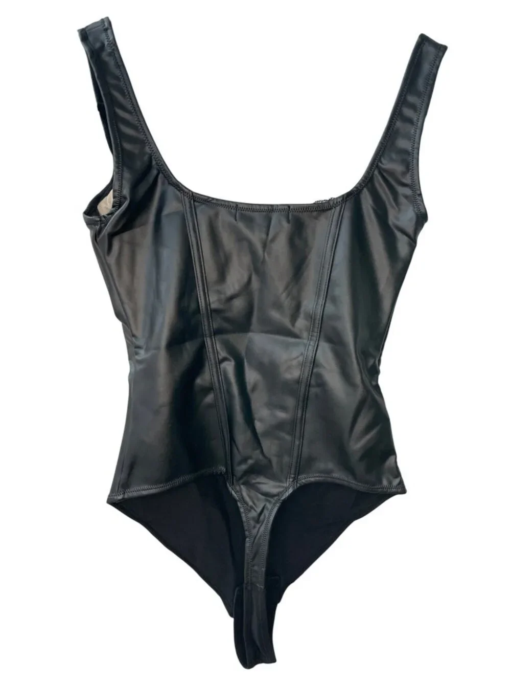 Popilush Shapewear Black Faux-Leather Bodysuit Built-in Bra Side Zip Size XS NWT - Picture 2 of 10